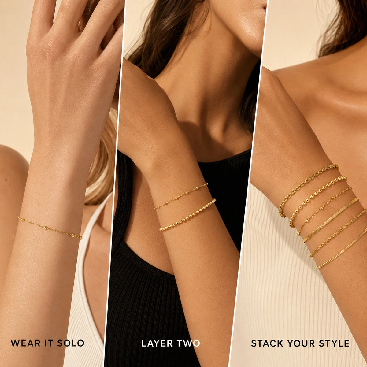 Thin Link Women Bracelet, Stainless Steel 18K Gold Plated Chain Waterproof Dainty Stackable Wrist Jewelry