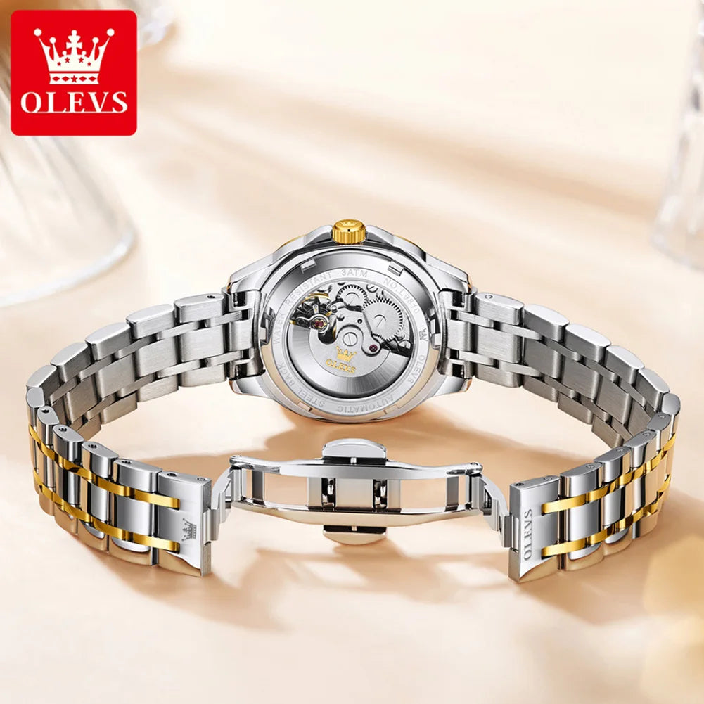 OLEVS 9810 Automatic Mechanical Watch for Women Luxury Diamond Scale Womens Wristwatch Stainless Steel Waterproof Ladies Watches