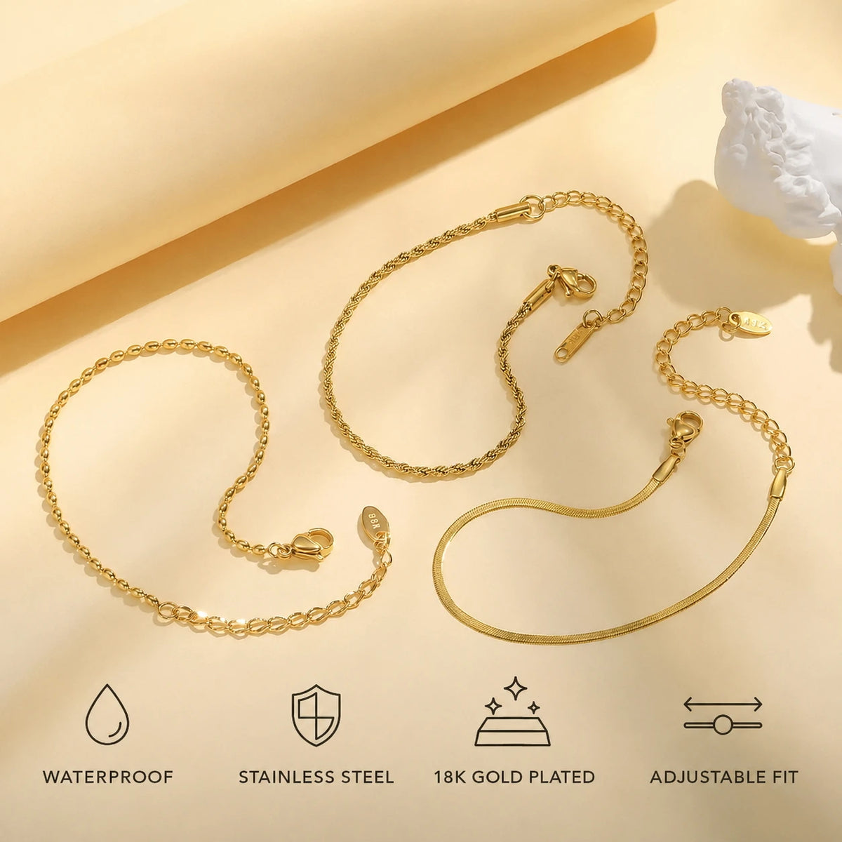 Thin Link Women Bracelet, Stainless Steel 18K Gold Plated Chain Waterproof Dainty Stackable Wrist Jewelry